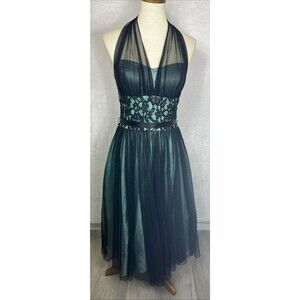 Vintage Cache Dress Formal Halter Lace Netting Black Green Size 8